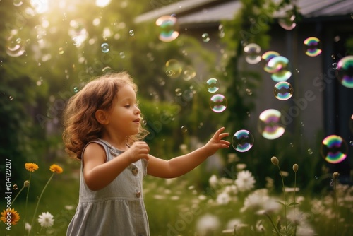 A close - up shot of a joyful child blowing bubbles in a vibrant garden. Generative AI