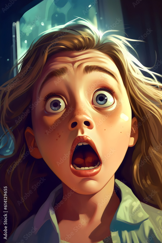 girl with scared surprise expression, concept painting made with generative ai