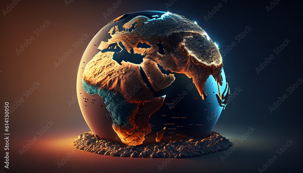 Golden globe on black background Illustration of a 3D earth symbolizing global trade - obrazy, fototapety, plakaty 