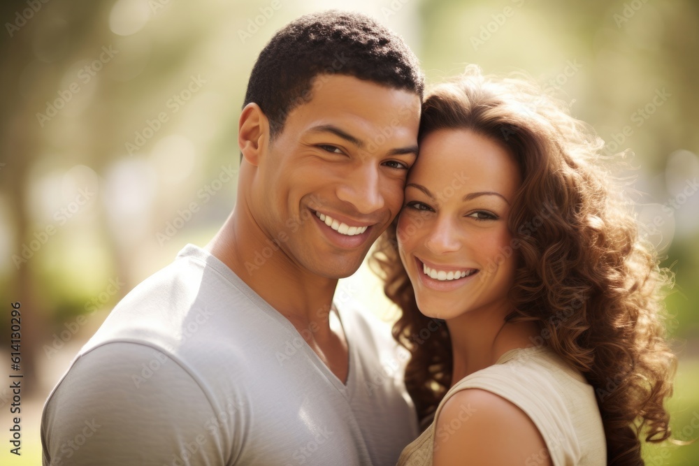 A close - up shot of a joyful young couple in a natural outdoor setting, radiating love and happiness. Generative AI