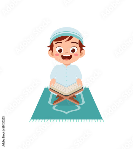 little muslim kid show pray pose and read quran
