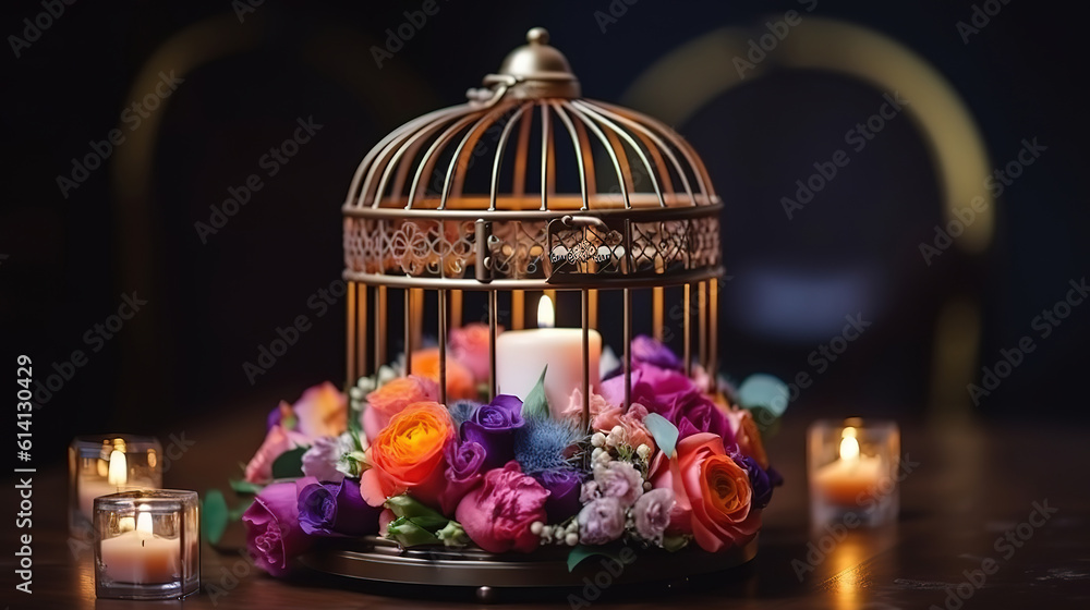 Wedding cage on table full of flowers and candles. Generative Ai