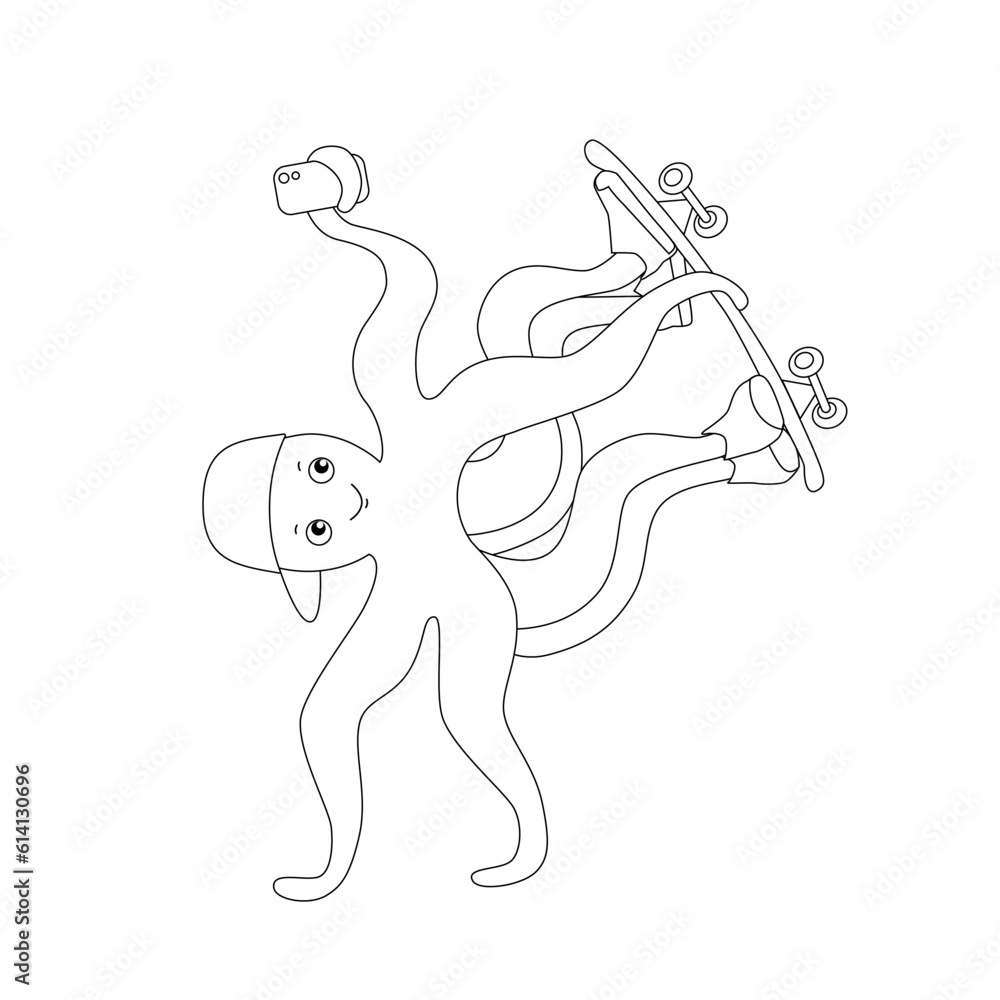 Funny teenager octopus in baseball cap and sneakers rides skateboard. Black and white vector illustration of little boy octopus with phone. Hand draw cute sea animal plays sports. Doodle style. Funny teenager octopus in baseball cap and sneakers rides skateboard. Black and white vector illustration of little boy octopus with phone. Hand draw cute sea animal plays sports. Doodle style.