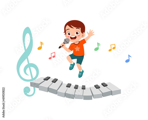 little kid sing and feeling happy and jump