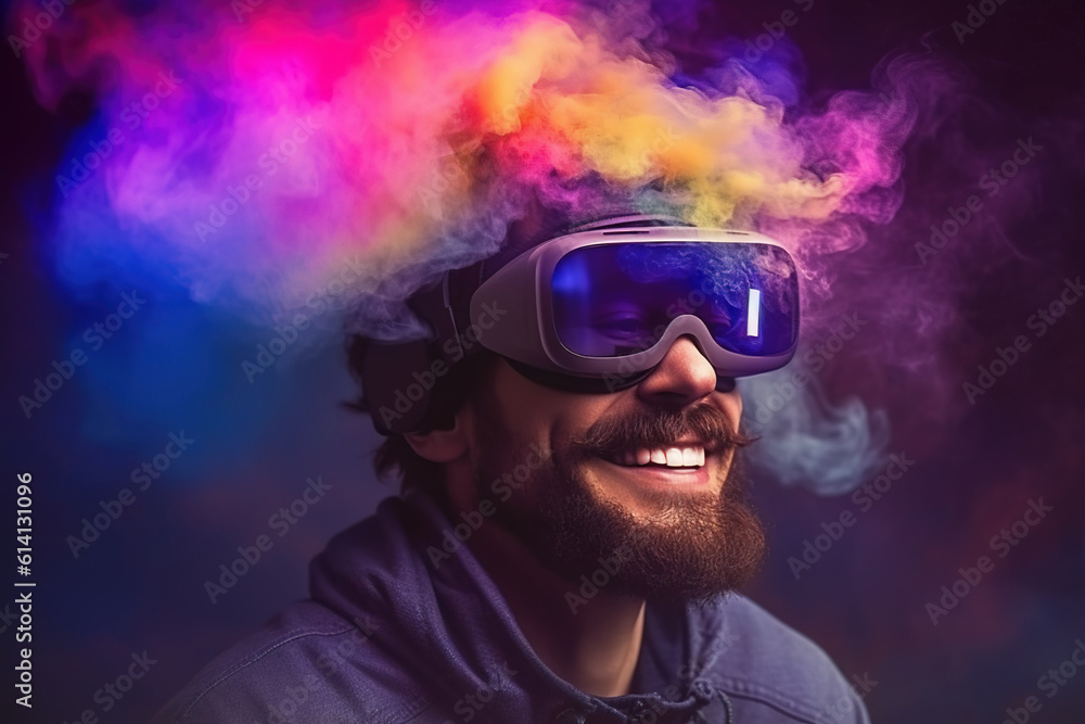 Cool man wearing virtual reality glasses. Dreamy colored powder background. Future technology concept. created with generative AI technology. Cool man wearing virtual reality glasses. Dreamy colored powder background. Future technology concept. created with generative AI technology.