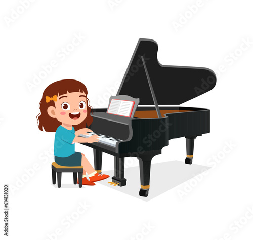little kid play piano and feeling happy