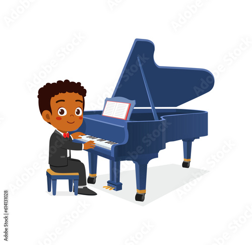 little kid play piano and feeling happy