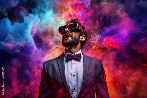 businessman wearing virtual reality goggles. Dreamy colored powder background. Future technology concept. created with generative AI technology.