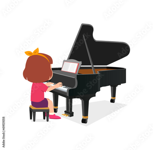 little kid play piano and feeling happy