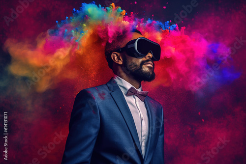 businessman wearing virtual reality goggles. Dreamy colored powder background. Future technology concept. created with generative AI technology.