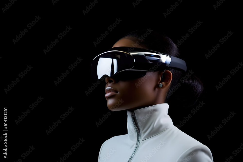 Pretty girl wearing VR glasses on dark background. Future technology concept. created with generative AI technology. Pretty girl wearing VR glasses on dark background. Future technology concept. created with generative AI technology.