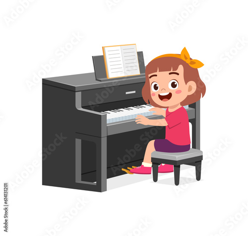little kid play piano and feeling happy