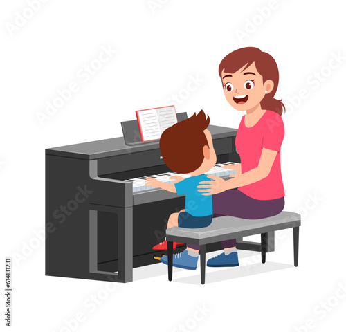 mother and little kid play piano together