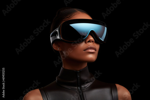 Pretty girl wearing VR glasses on dark background. Future technology concept. created with generative AI technology.
