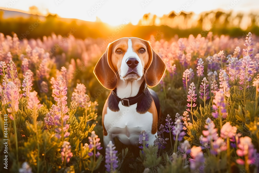 Floral Delight: Beagle Immersed in a Beautiful Flower-Filled Landscape Floral Delight: Beagle Immersed in a Beautiful Flower-Filled Landscape