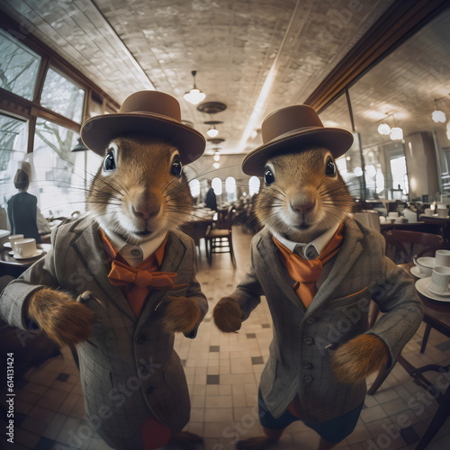 two stylish squirrels wearing suits and hat with fisheye lens at cafe, made with generative ai
