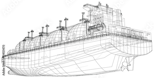 Large gas tanker or LNG carrier. Vector rendering of 3d. Wire-frame style. The layers of visible and invisible lines are separated