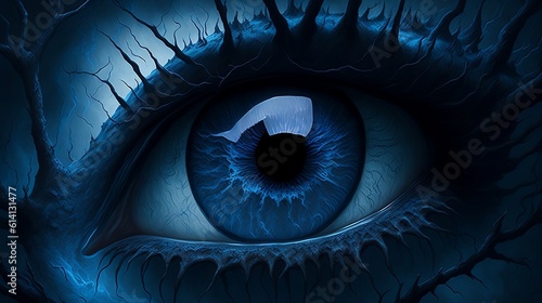 Human blue eye realistic Hunted closeup zoom, Created Using Generative AI Technology