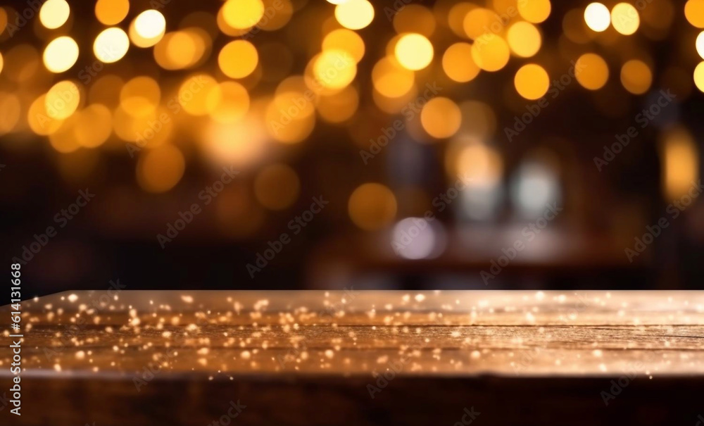 rustic wooden table in front of glitter black and gold bokeh lights Generative AI