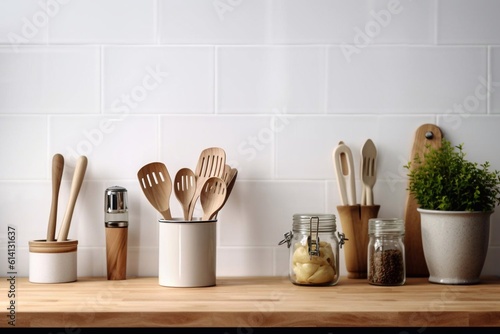 Crockery, tableware, utensils and other different stuff on wooden table-top. Kitchen still life as background for design. Generative AI