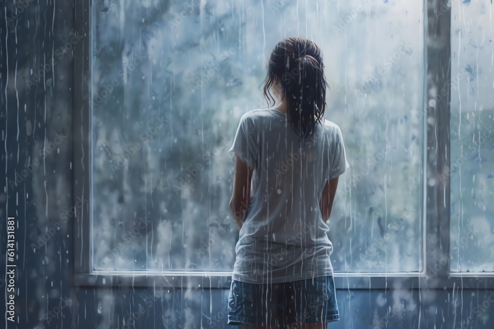 Obraz premium A woman standing in front of a window during a heavy rain. generative AI