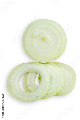 Onion cut into rings isolated on transparent background.
