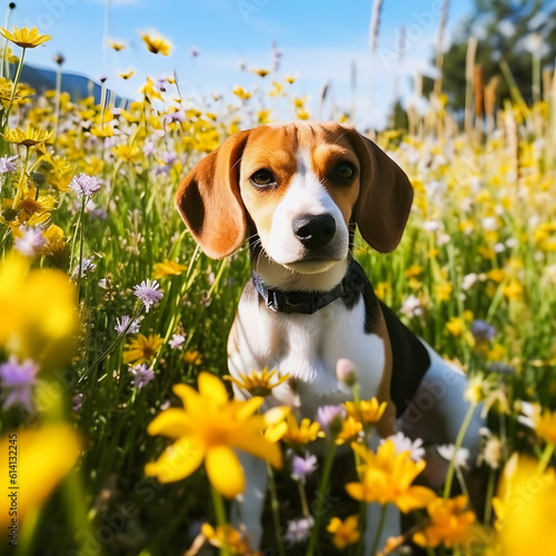 Colorful Canine  Beagle Poses amidst a Field of Vibrant Blooms