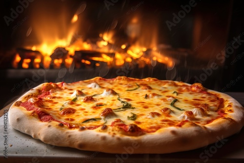 Hot pizza fresh out of the oven, with melted cheese oozing out. Background shows the intense heat of the oven, with bright flames licking the sides. Generative AI