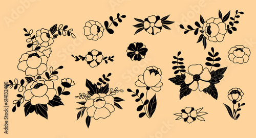 Collection flowers and branches doodles. Vector illustration. Isolated hand drawn plants