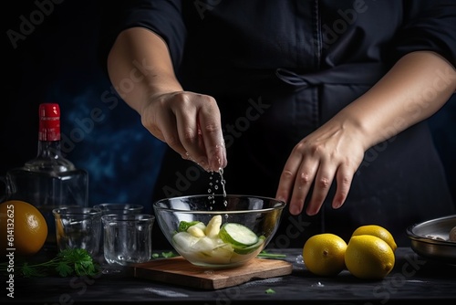 Chef squeezing lime juice in a bowl. Generative AI