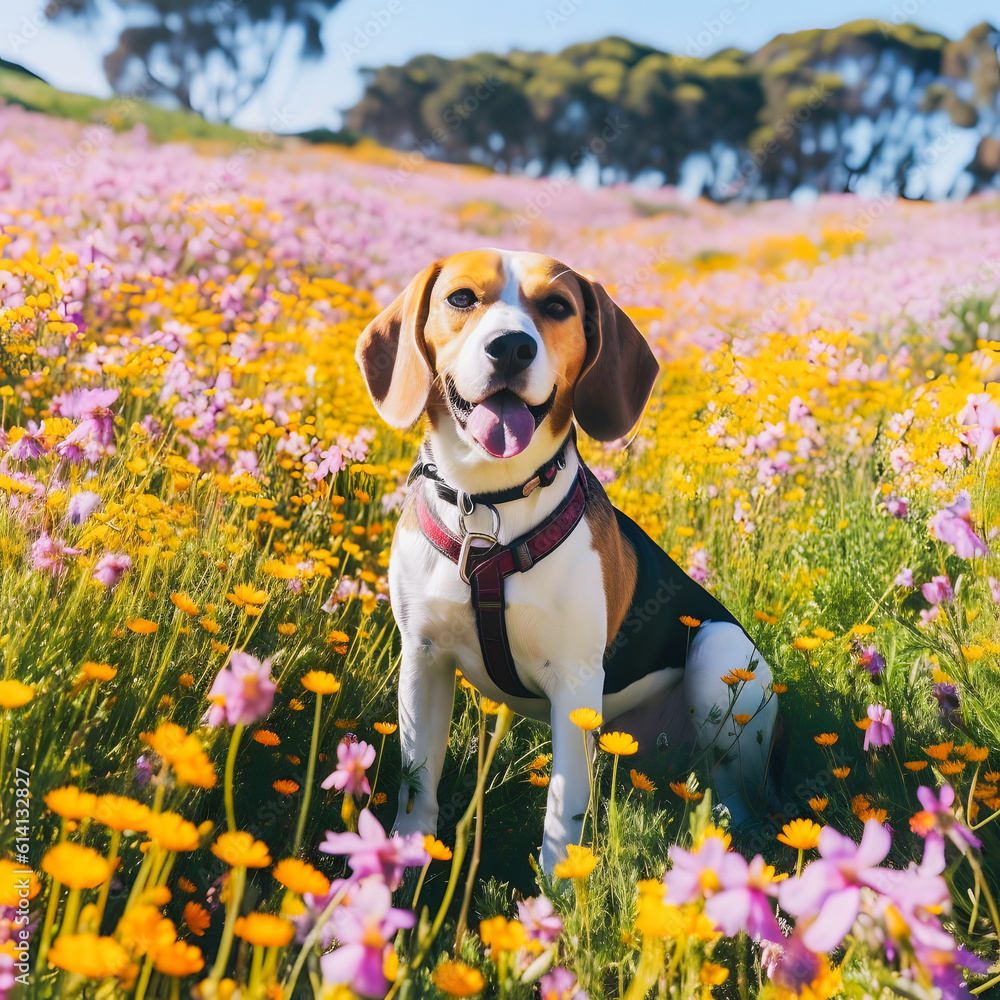 Pet and Petals: Charming Beagle Explores a Vibrant Floral Setting