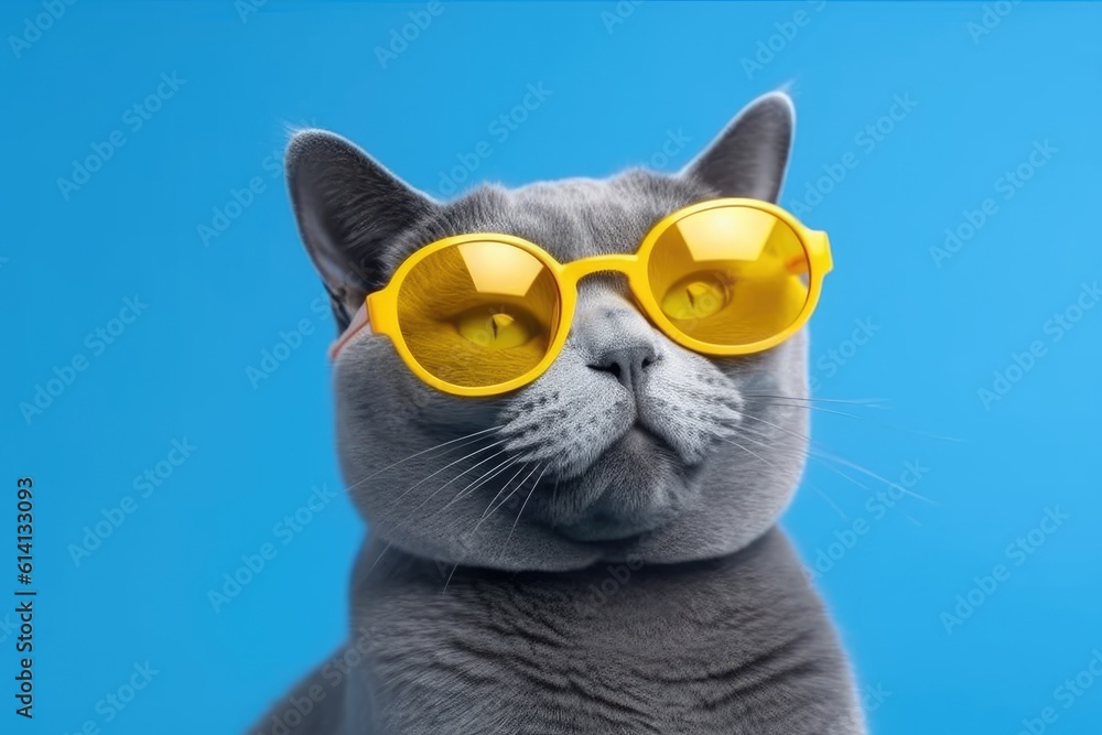 Adorable Russian Blue Cat Wearing Glasses