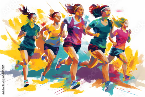 group of female runners impressionist colorful painting made with generative ai