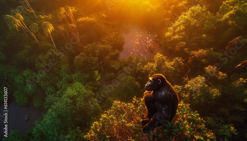 Artistic recreation of of a bipedal hominid in a tree at sunset in the jungle. Illustration AI photo