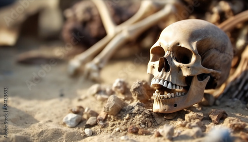 Recreation artistic of skull and bones of a hominid in an archaeological site. Illustration AI