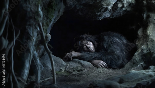 Artistic recreation of a hominid sleeping in a cave. Illustration AI