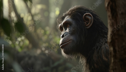 Artistic recreation of a hominid bipedal walking in the jungle. Illustration AI photo