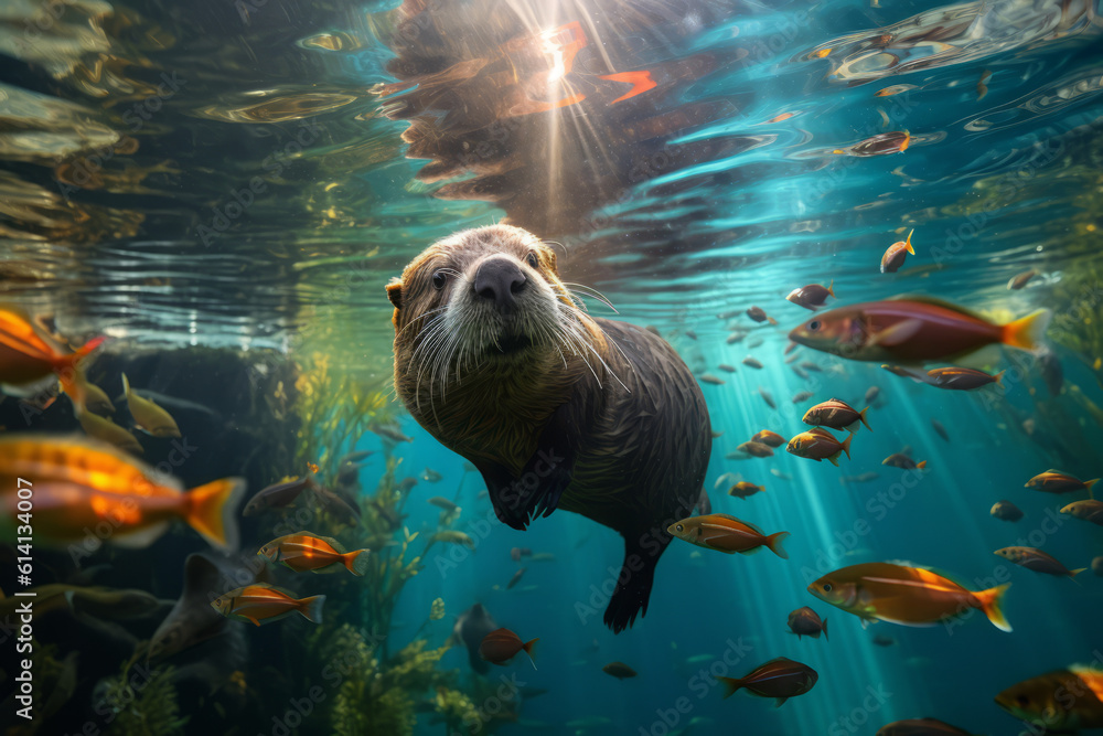 Beaver swimming underwater water together with fishes - obrazy, fototapety, plakaty 