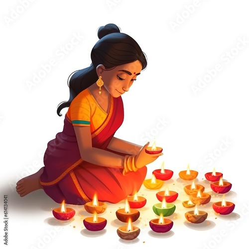 Happy Diwali, Hindu Indian women lightening diya on diwali, Generative ai.