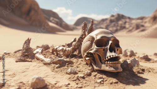 Skull and bones of a hominid in an archaeological site in the desert. Illustration AI photo