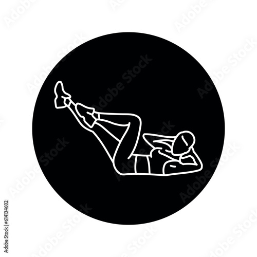 Woman doing Bicycles black line icon. Cross body crunches exercise.