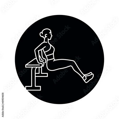 Woman doing reverse push ups using bench black line icon.