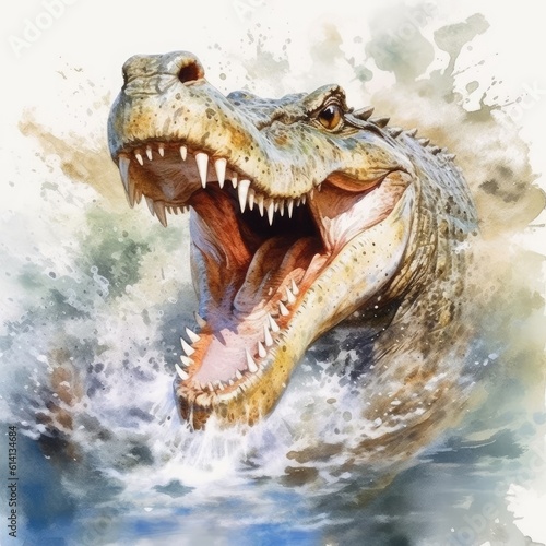 Watercolor Crocodile with wide open mouth in the water © Eiteadept