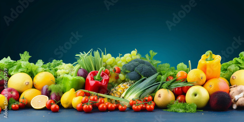 Fruits and vegetables in a blue background. Generative AI