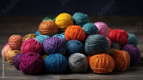 Colorful balls of wool on concrete table. Variety of yarn balls. Generative Ai