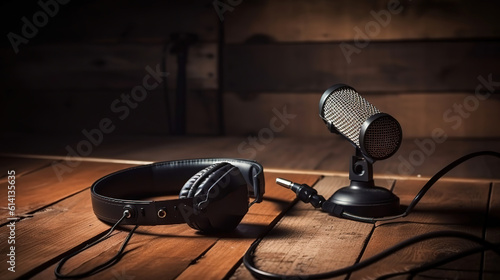 Fototapeta Naklejka Na Ścianę i Meble -  Retro microphone and headphones on table against blue wall. Generative Ai