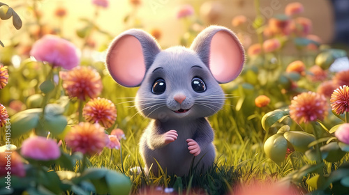 Cute cartoon mouse in peaceful garden for background or wallpaper