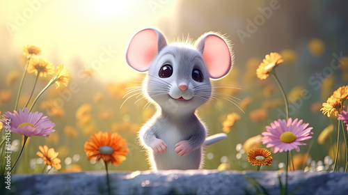 Cute cartoon mouse in peaceful garden for background or wallpaper © Absent Satu