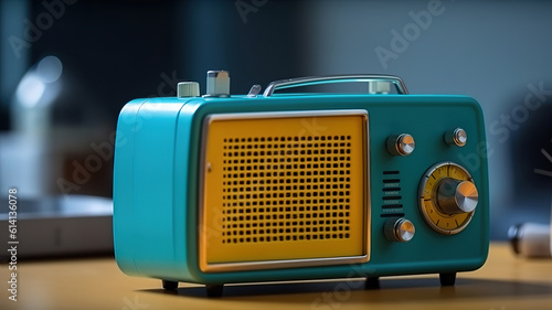 Retro vintage steel FM radio on the desk. Generative Ai