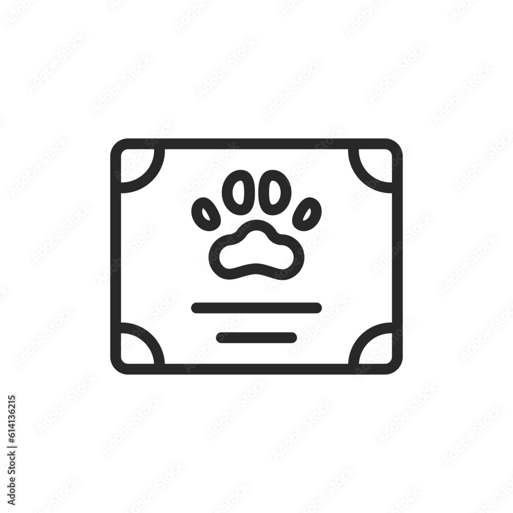 Veterinary Certificate Icon. Vector Outline Editable Sign of Diploma with Paw Representing Animal Awards Diploma, Vaccination Record, and Vet Clinic Services